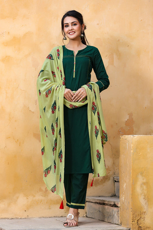  Women Green Regular Pure Cotton Kurta with Trousers With Dupatta Set