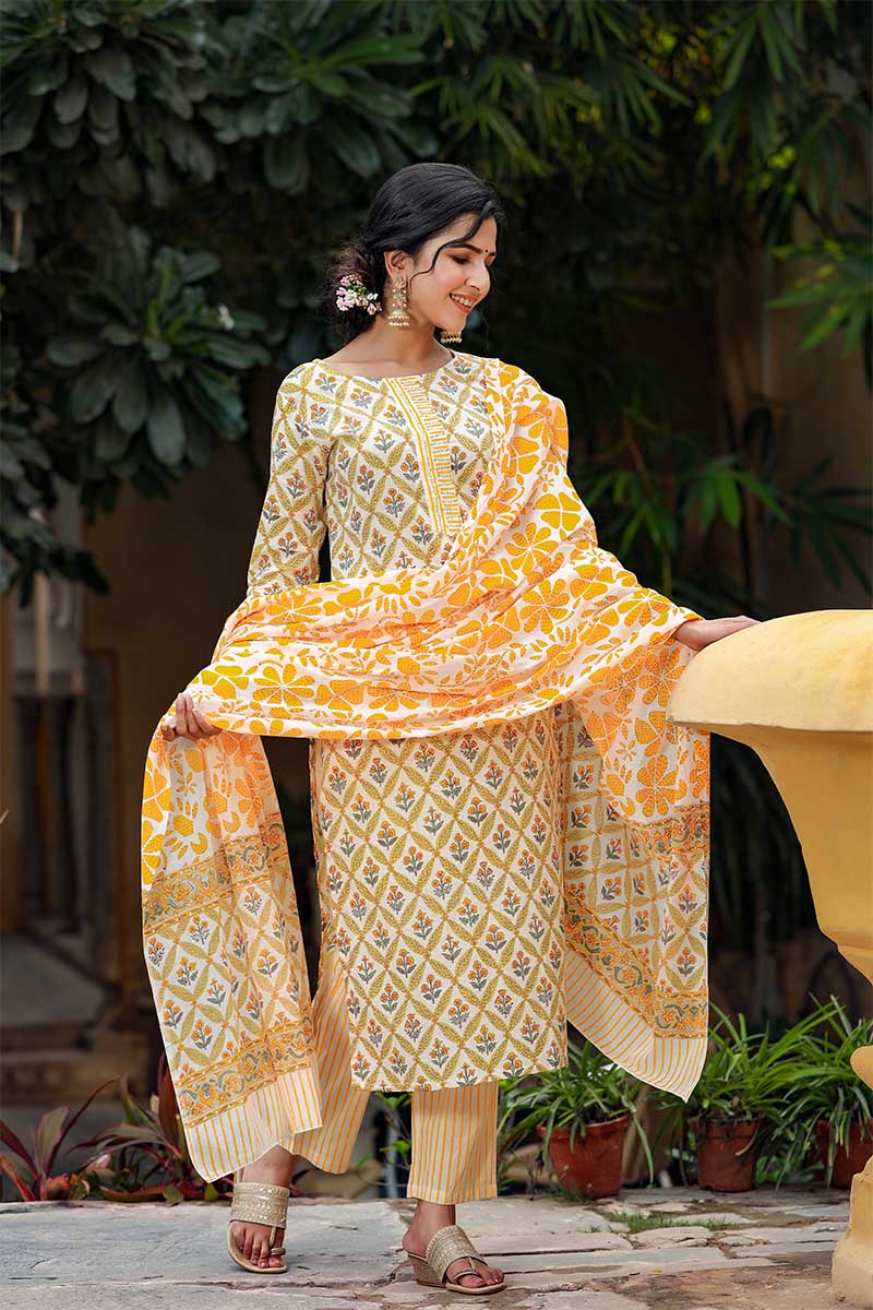   Yellow Ethnic Motifs Printed Regular Pure Cotton Kurta Set