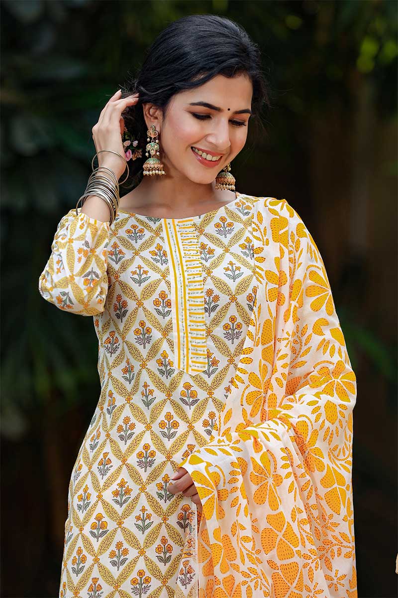   Yellow Ethnic Motifs Printed Regular Pure Cotton Kurta Set