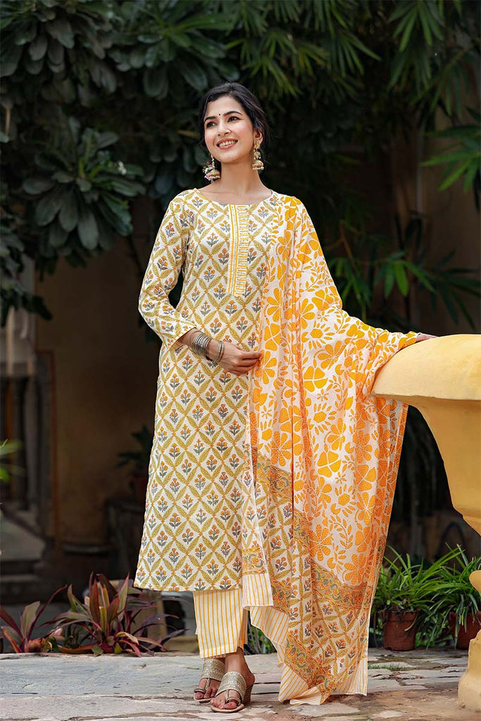   Yellow Ethnic Motifs Printed Regular Pure Cotton Kurta Set