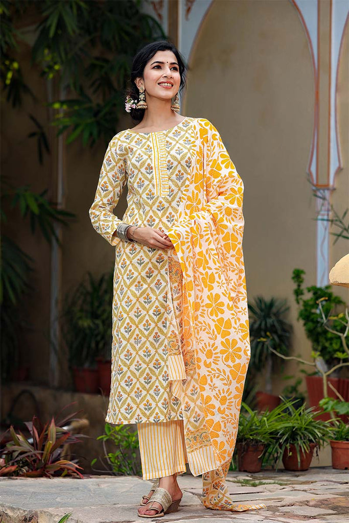   Yellow Ethnic Motifs Printed Regular Pure Cotton Kurta Set