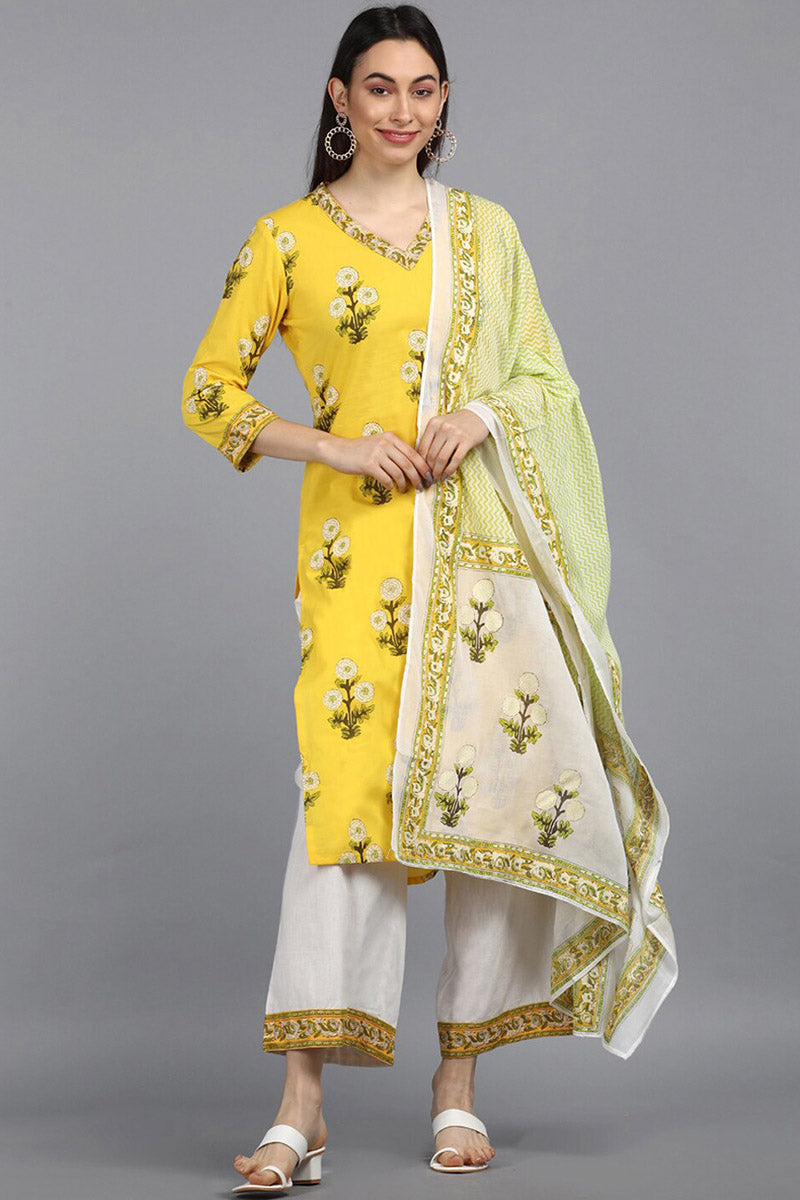 Women Cotton Yellow Ethnic Motifs Printed Straight Kurta Pant Dupatta Set VKSKD1089