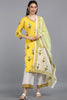 Women Cotton Yellow Ethnic Motifs Printed Straight Kurta Pant Dupatta Set VKSKD1089