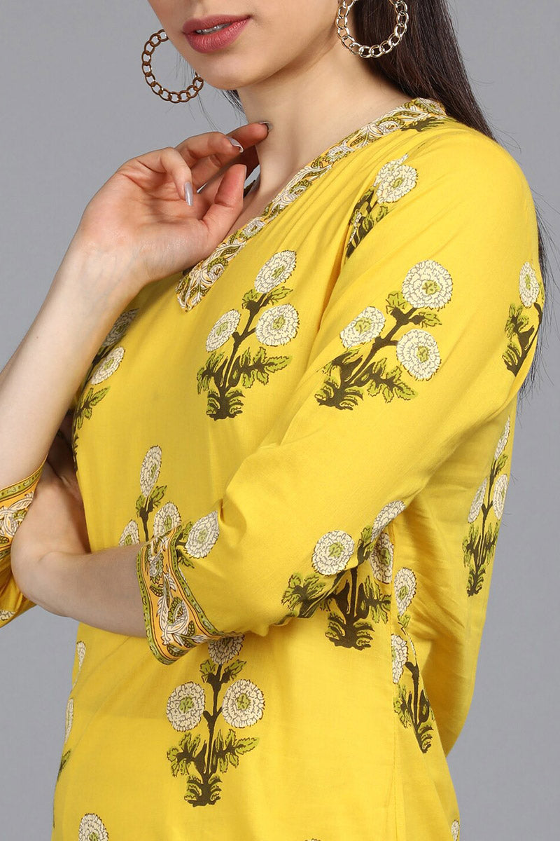 Yellow Cotton Floral Printed Straight Suit Set VKSKD1089E