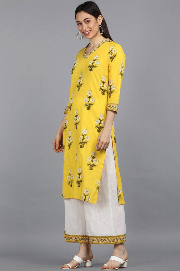 Yellow Cotton Floral Printed Straight Suit Set VKSKD1089E