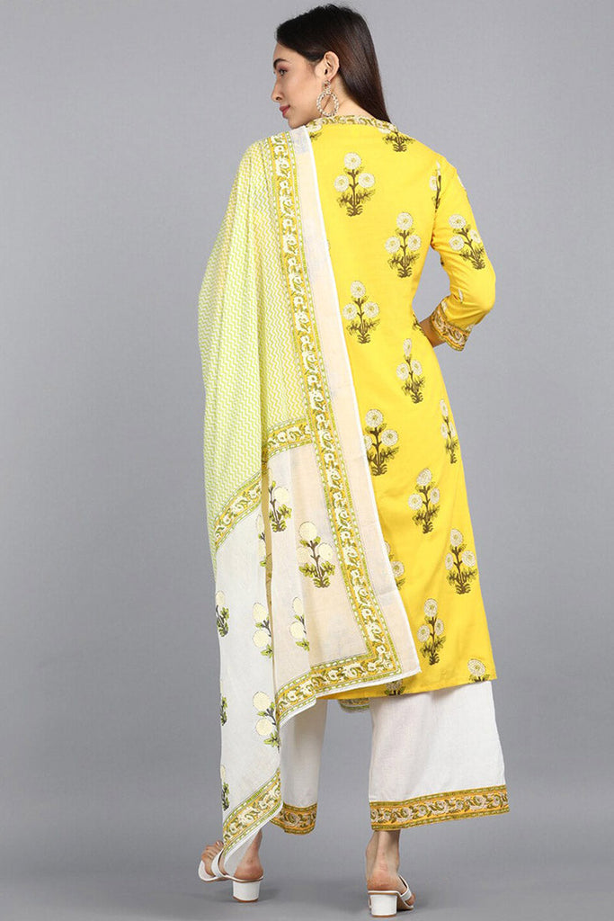 Yellow Cotton Floral Printed Straight Suit Set VKSKD1089E