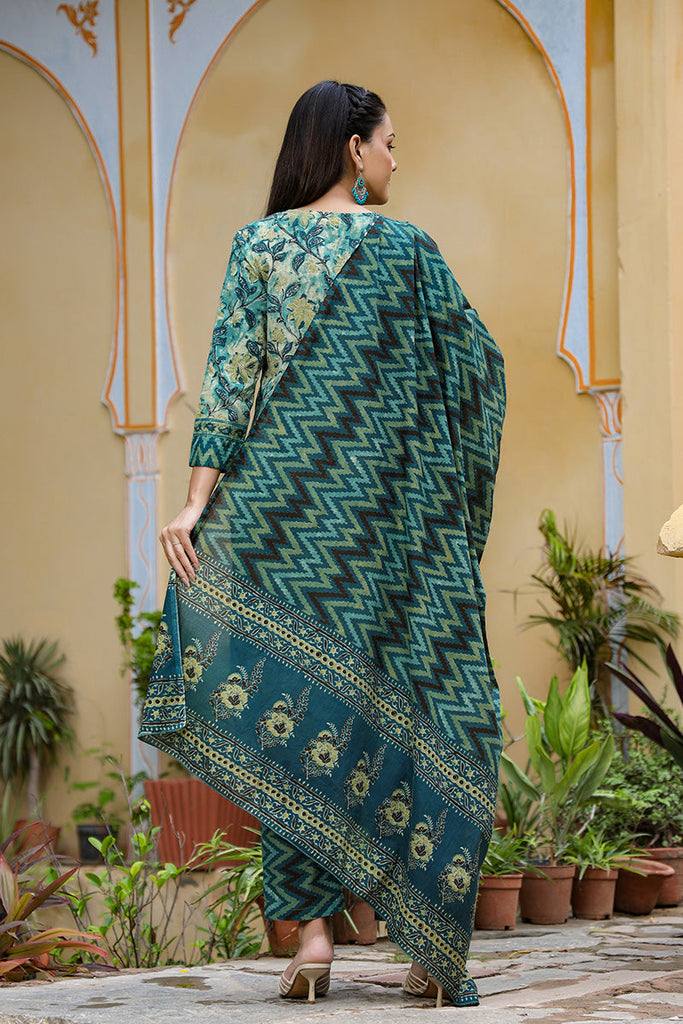   Cotton Teal Ethnic Motifs Printed Straight Kurta Palazzo Dupatta Set