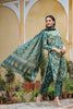   Cotton Teal Ethnic Motifs Printed Straight Kurta Palazzo Dupatta Set