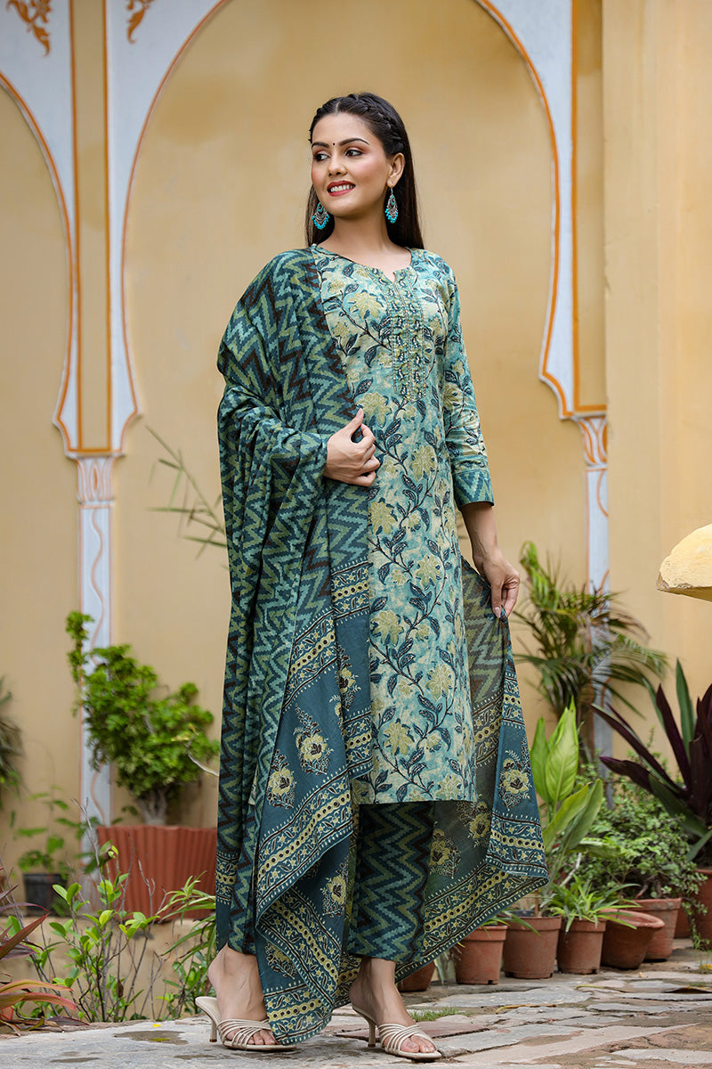   Cotton Teal Ethnic Motifs Printed Straight Kurta Palazzo Dupatta Set