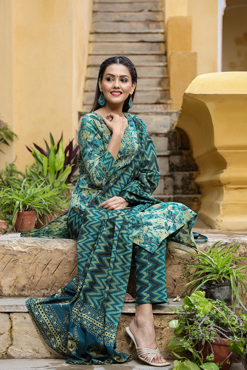   Cotton Teal Ethnic Motifs Printed Straight Kurta Palazzo Dupatta Set