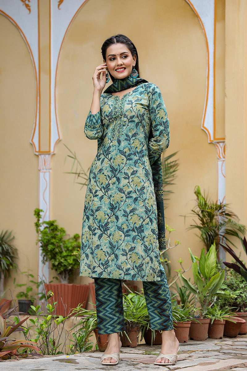   Cotton Teal Ethnic Motifs Printed Straight Kurta Palazzo Dupatta Set