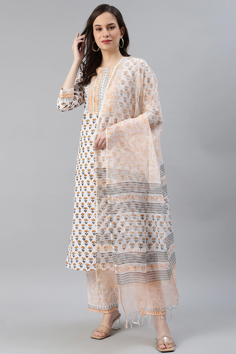   Cotton White Ethnic Motifs Printed Straight Kurta Palazzo Dupatta Set