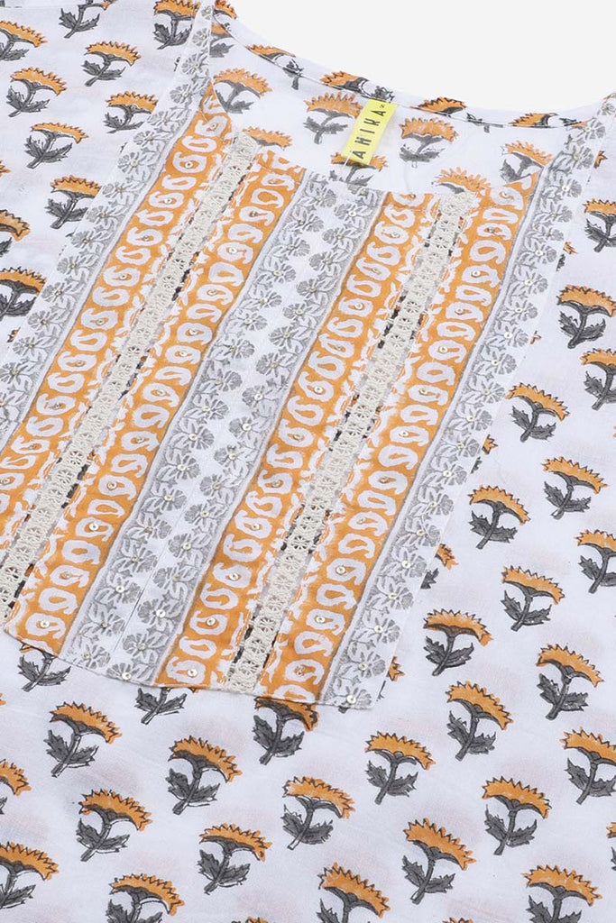   Cotton White Ethnic Motifs Printed Straight Kurta Palazzo Dupatta Set