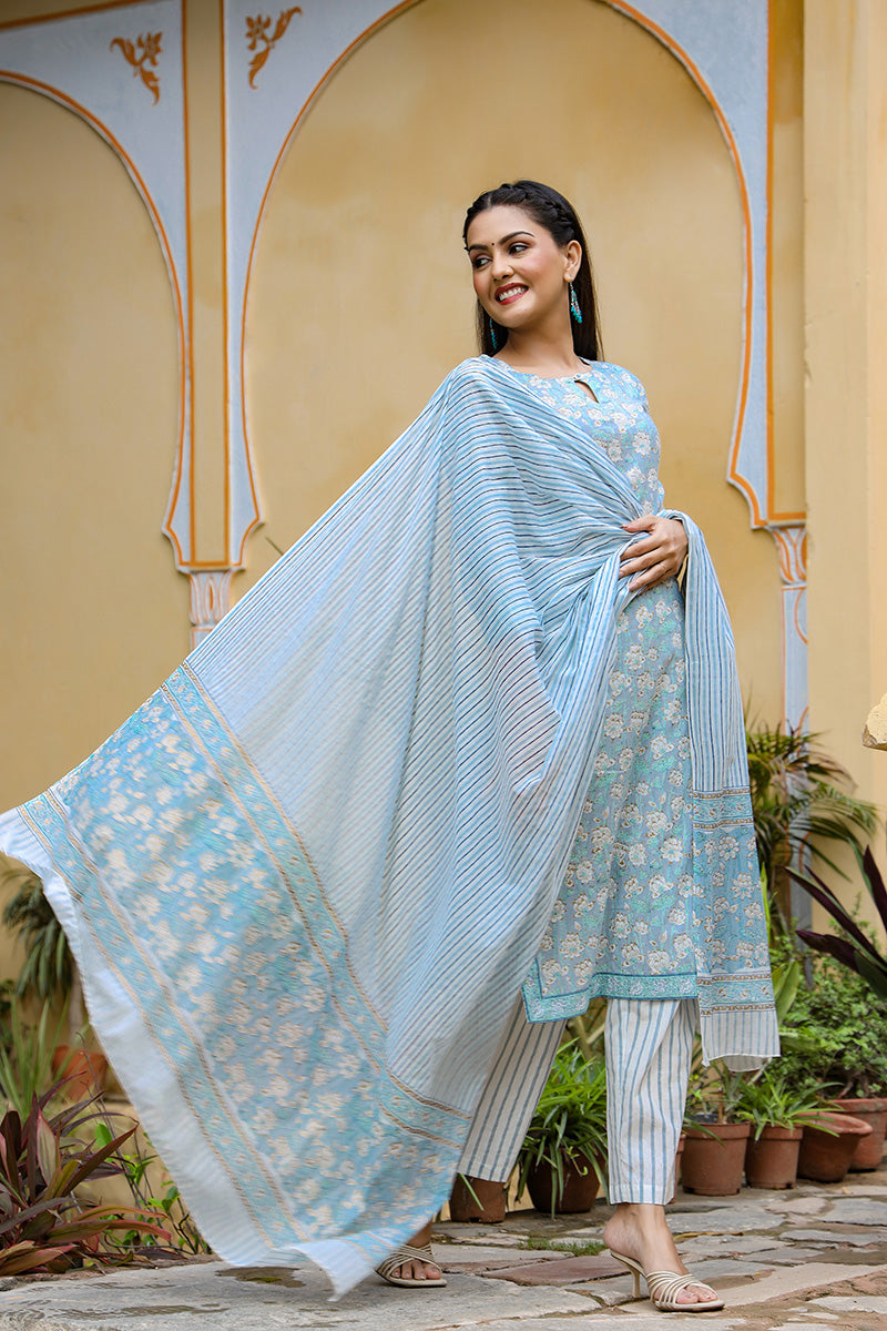 Women Cotton Blue Ethnic Motifs Printed Straight Kurta Palazzo Dupatta Set VKSKD1121