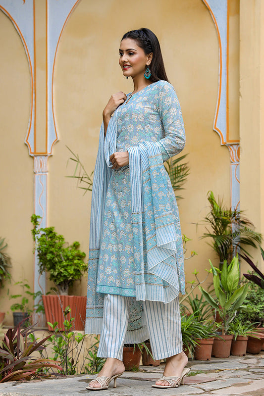 Women Cotton Blue Ethnic Motifs Printed Straight Kurta Palazzo Dupatta Set VKSKD1121