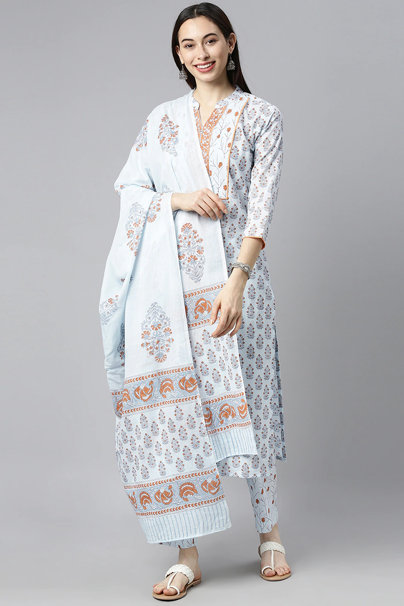  Women Cotton Blue Floral Printed Straight Kurta Pant Dupatta Set