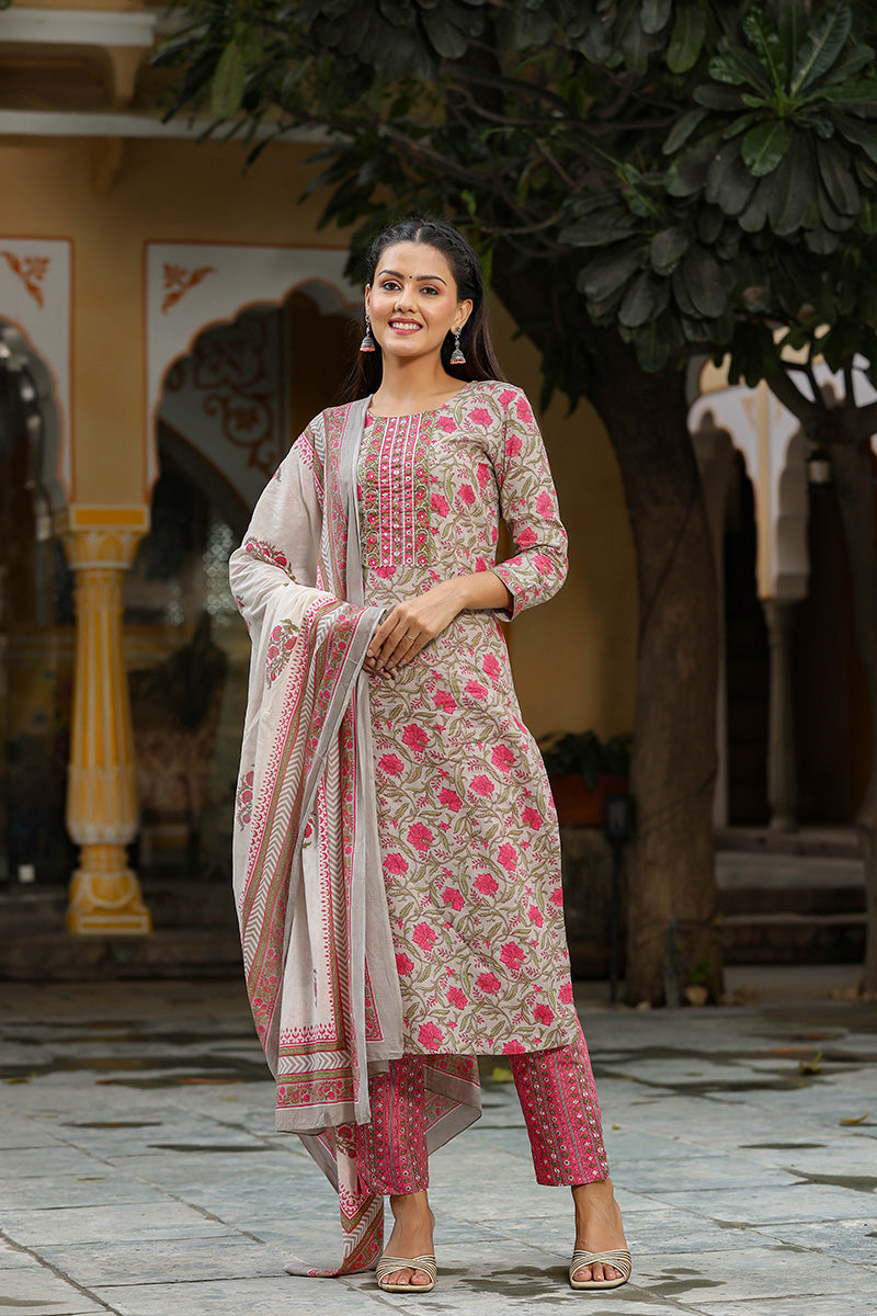  Women Cotton Grey Ethnic Motifs Printed Straight Kurta Trousers