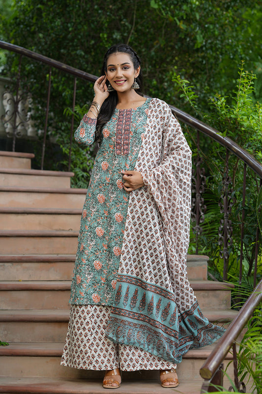  Women Cotton Green Ethnic Motifs Printed Straight Kurta Trousers And Dupatta Set