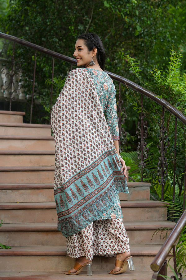  Women Cotton Green Ethnic Motifs Printed Straight Kurta Trousers And Dupatta Set
