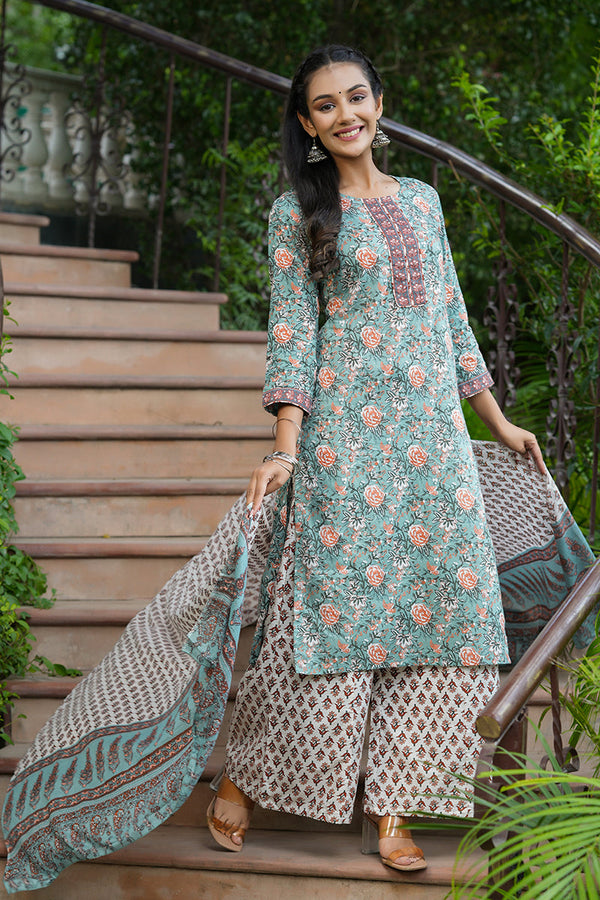  Women Cotton Green Ethnic Motifs Printed Straight Kurta Trousers And Dupatta Set