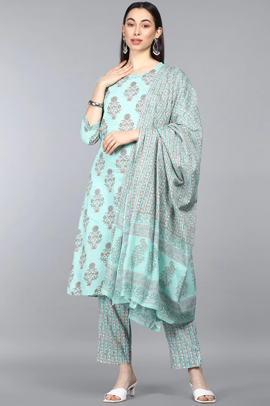  Women Cotton Green Ethnic Motifs Printed Straight Kurta Trousers And Dupatta Set