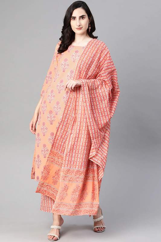  Women Cotton Orange Ethnic Motifs Printed Straight Kurta Trousers And Dupatta Set