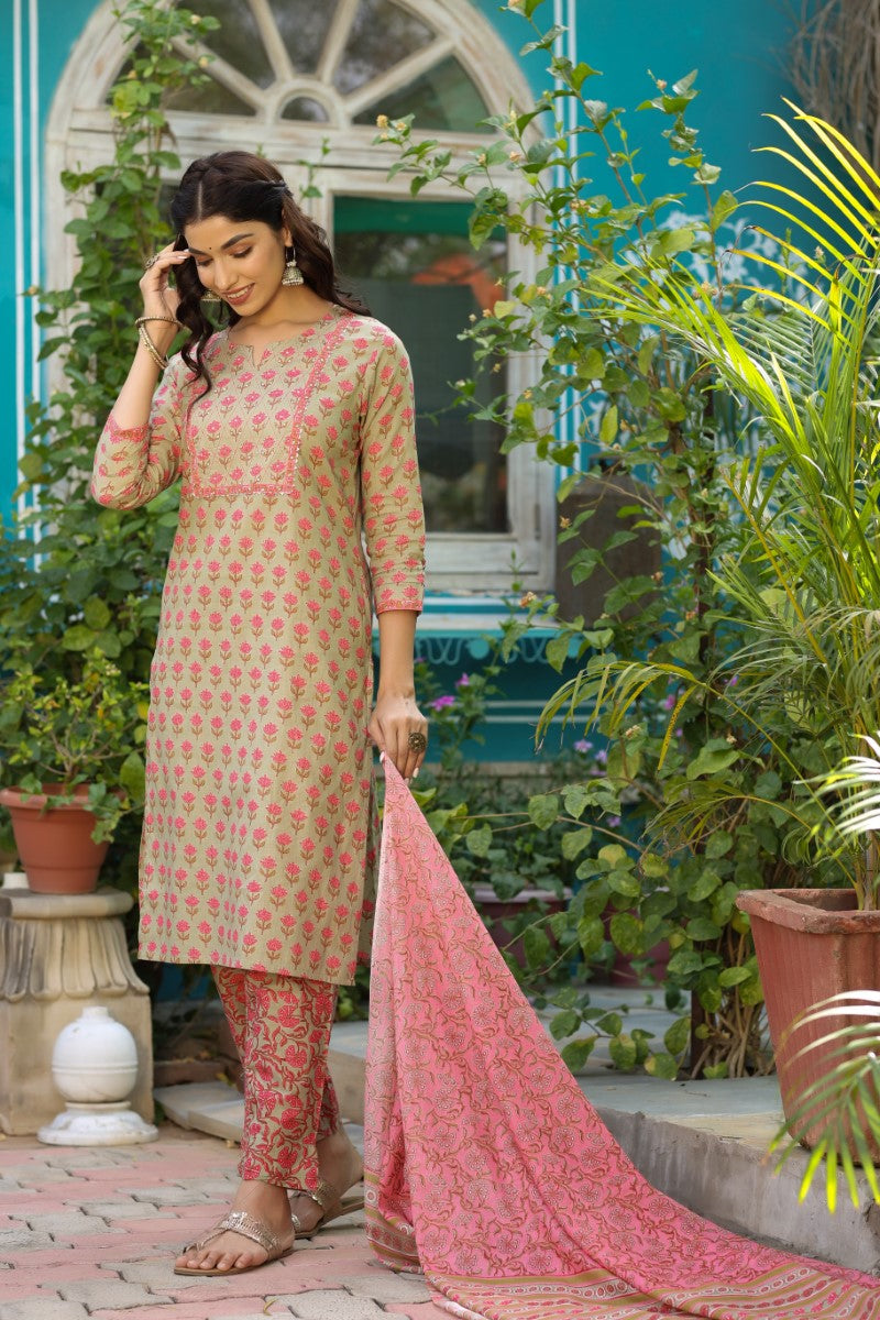  Women Cotton Green Floral Printed Straight Kurta Pant Dupatta Set