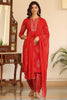  Women Cotton Red Embroidered Work Straight Kurta Pant Dupatta Set