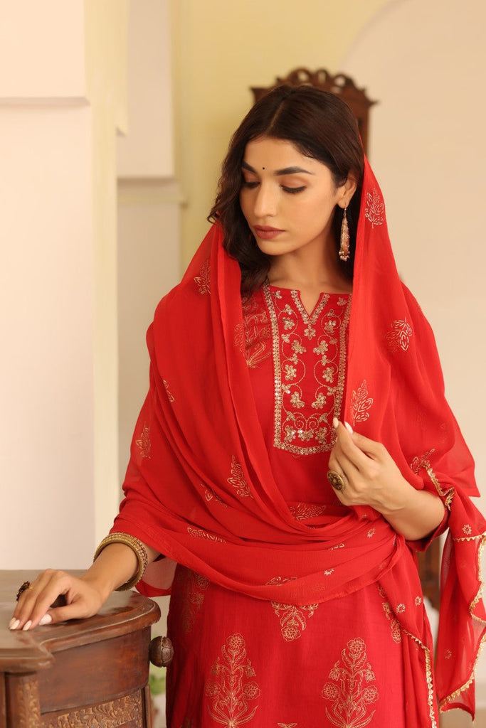  Women Cotton Red Embroidered Work Straight Kurta Pant Dupatta Set