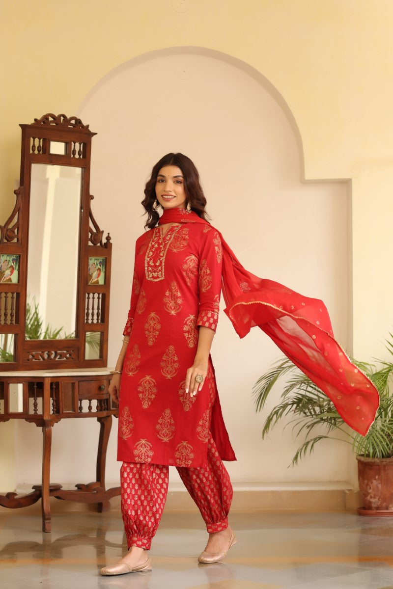  Women Cotton Red Embroidered Work Straight Kurta Pant Dupatta Set