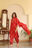  Women Cotton Red Embroidered Work Straight Kurta Pant Dupatta Set