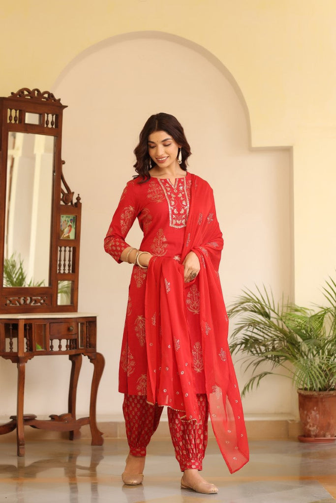  Women Cotton Red Embroidered Work Straight Kurta Pant Dupatta Set