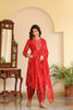  Women Cotton Red Embroidered Work Straight Kurta Pant Dupatta Set