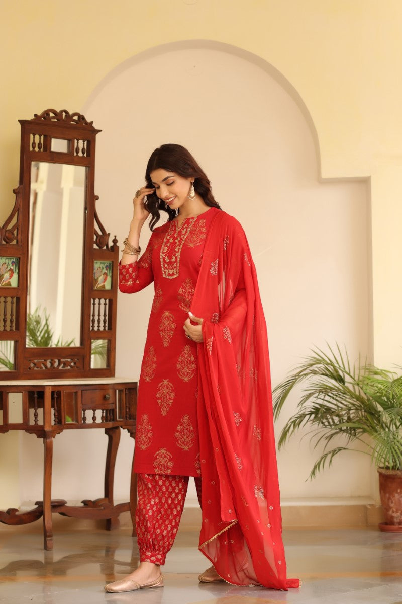  Women Cotton Red Embroidered Work Straight Kurta Pant Dupatta Set