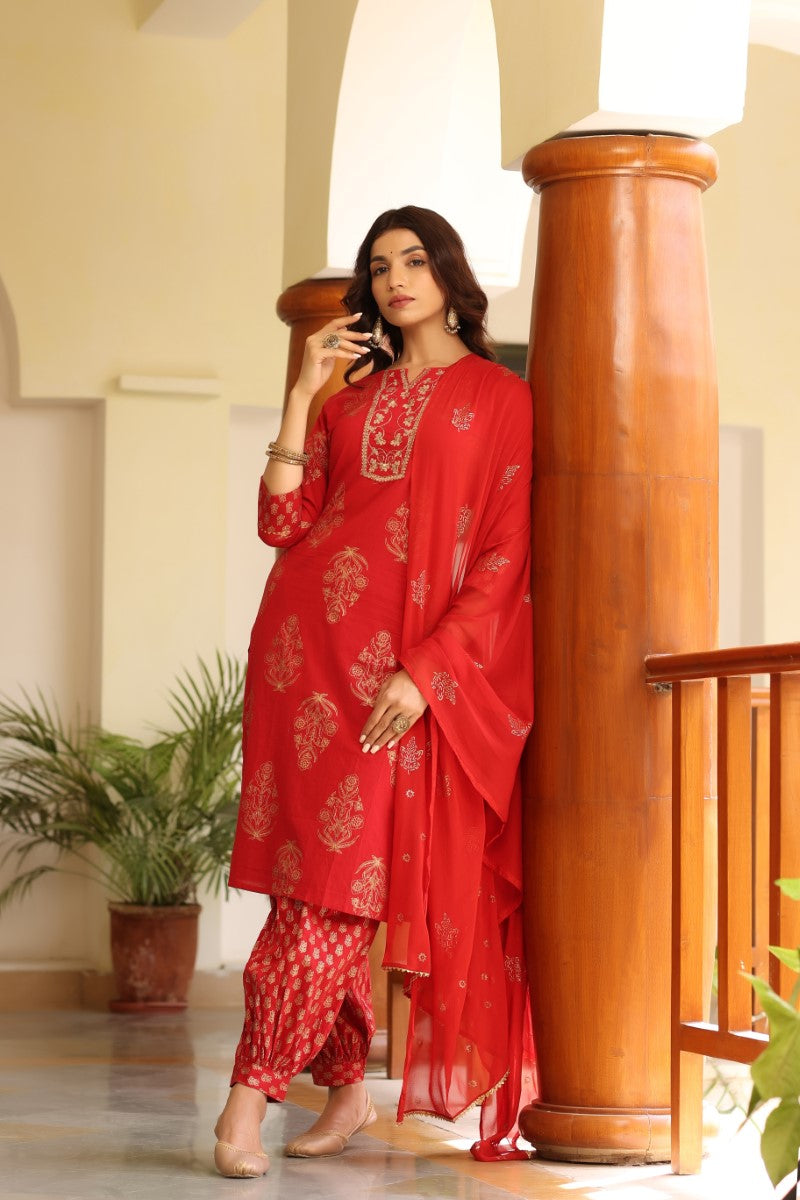  Women Cotton Red Embroidered Work Straight Kurta Pant Dupatta Set