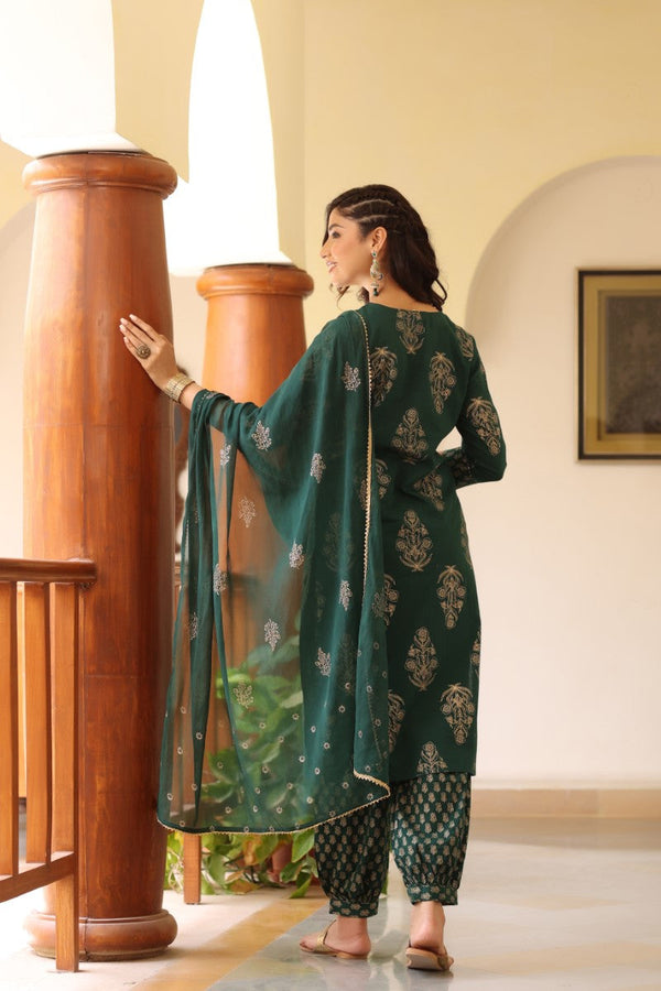  Women Green Gold Ethnic Print Sequin Detail Cotton Kurta with Trousers Dupatta
