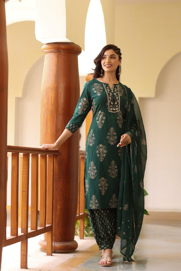  Women Green Gold Ethnic Print Sequin Detail Cotton Kurta with Trousers Dupatta