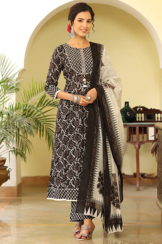  Women Black White Printed Sequinned Pure Cotton Kurta with Trousers Dupatta