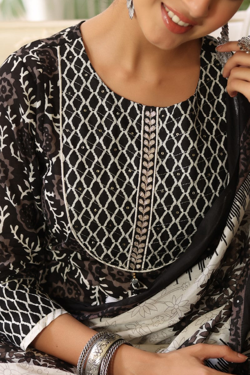  Women Black White Printed Sequinned Pure Cotton Kurta with Trousers Dupatta