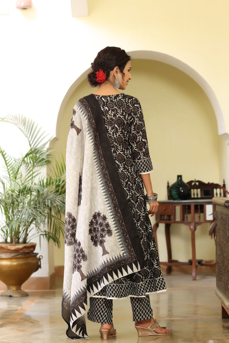  Women Black White Printed Sequinned Pure Cotton Kurta with Trousers Dupatta