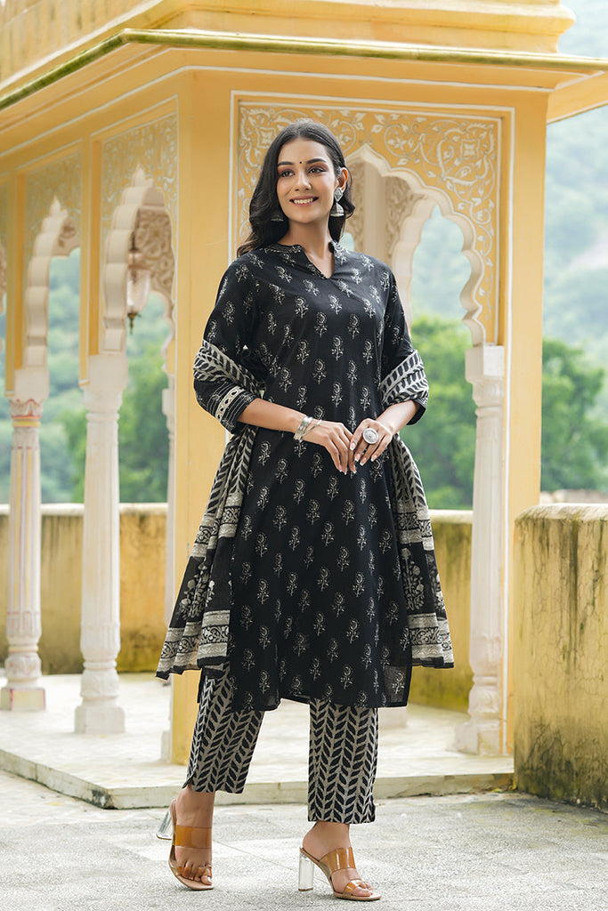  Women Black Grey Printed Regular Pure Cotton Kurta with Trousers Dupatta