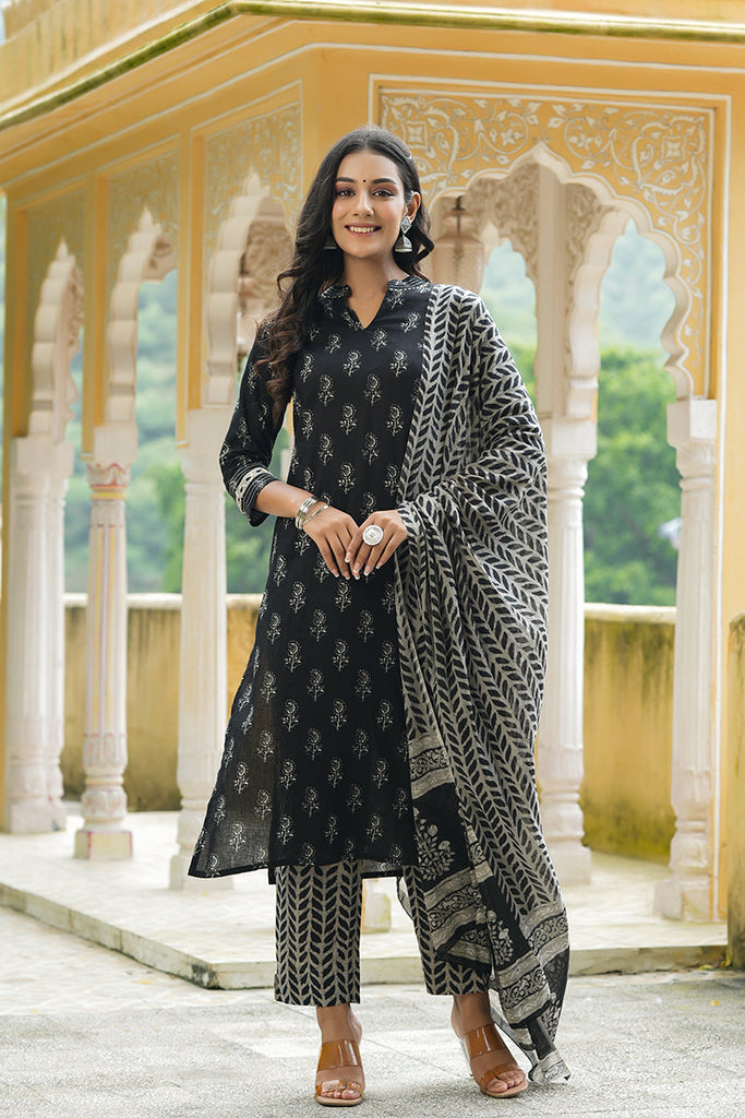  Women Black Grey Printed Regular Pure Cotton Kurta with Trousers Dupatta