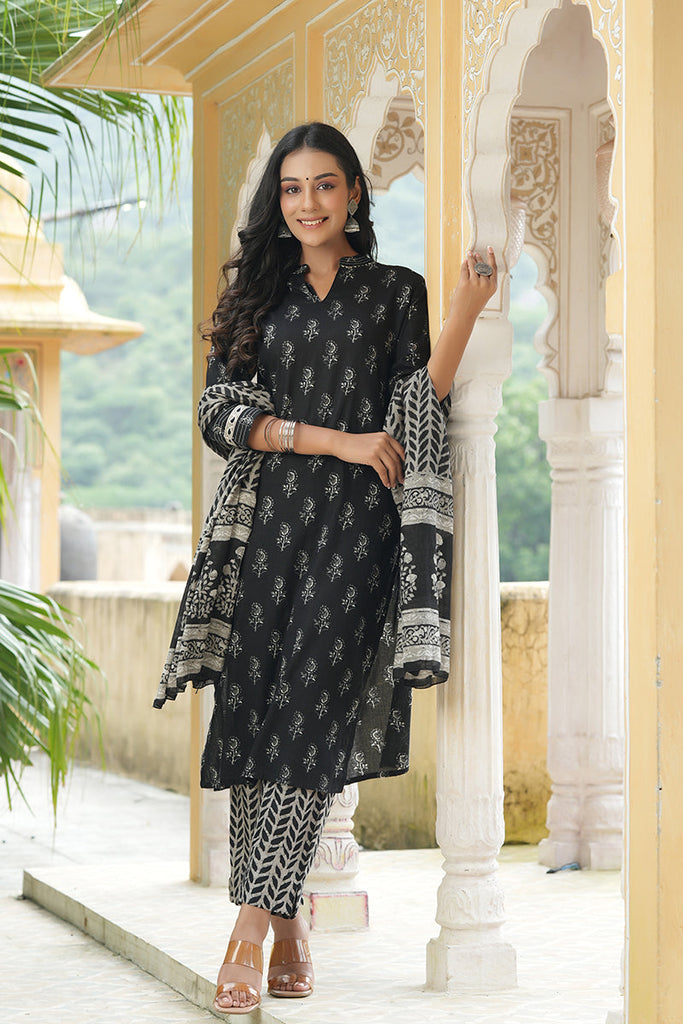  Women Black Grey Printed Regular Pure Cotton Kurta with Trousers Dupatta