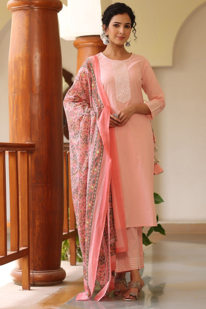  Women Pink Yoke Design Regular Gotta Patti Pure Cotton Kurta with Trousers Dupatta