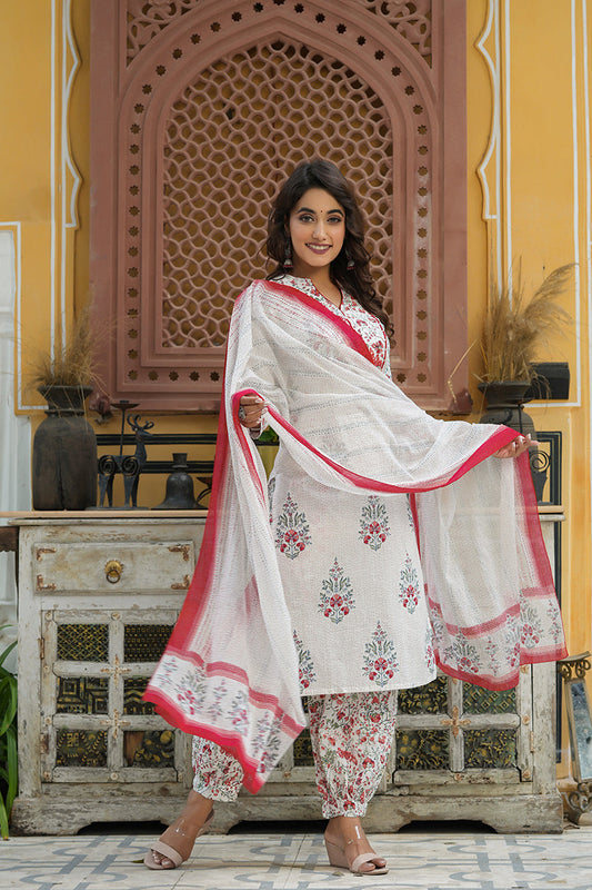  Women Off White Red Ethnic Motifs Printed Pure Cotton Kurta with Salwar Dupatta