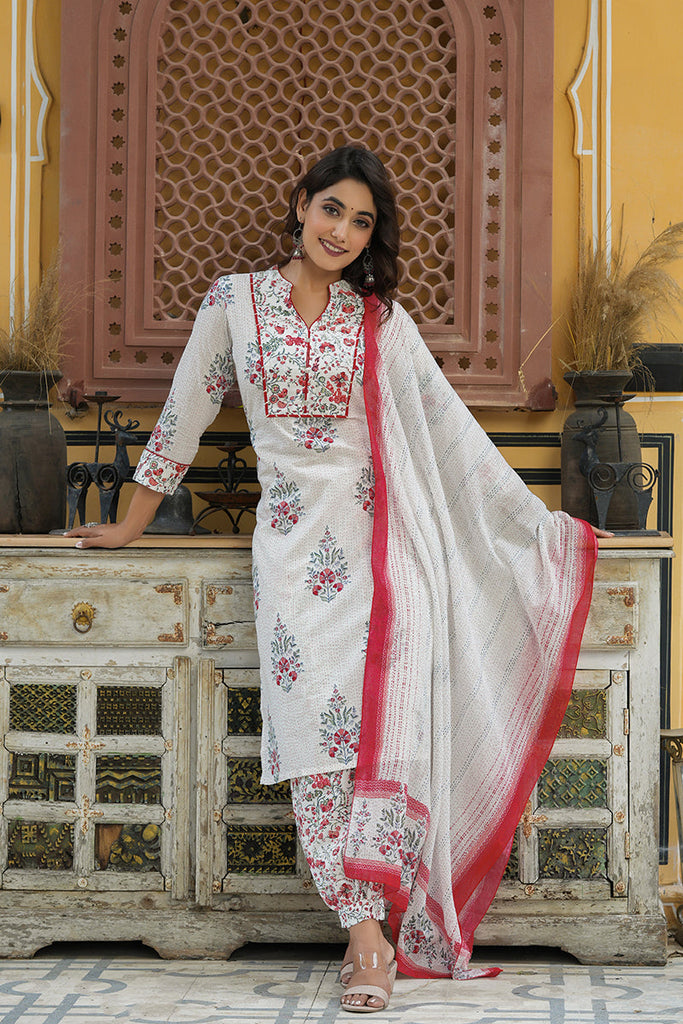  Women Off White Red Ethnic Motifs Printed Pure Cotton Kurta with Salwar Dupatta