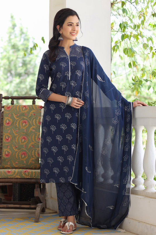  Women Navy Blue Floral Printed Regular Pure Cotton Kurta with Palazzos With Dupatta