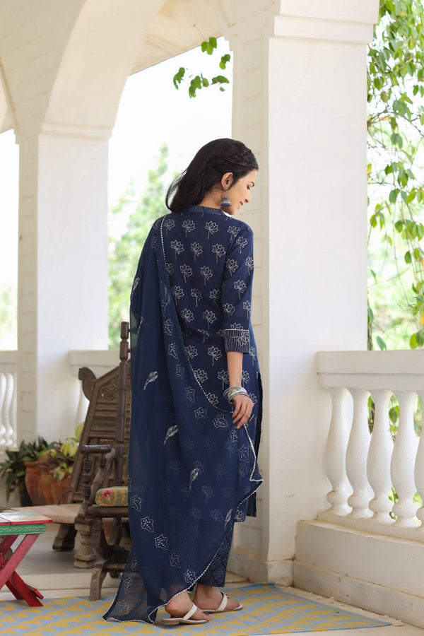  Women Navy Blue Floral Printed Regular Pure Cotton Kurta with Palazzos With Dupatta