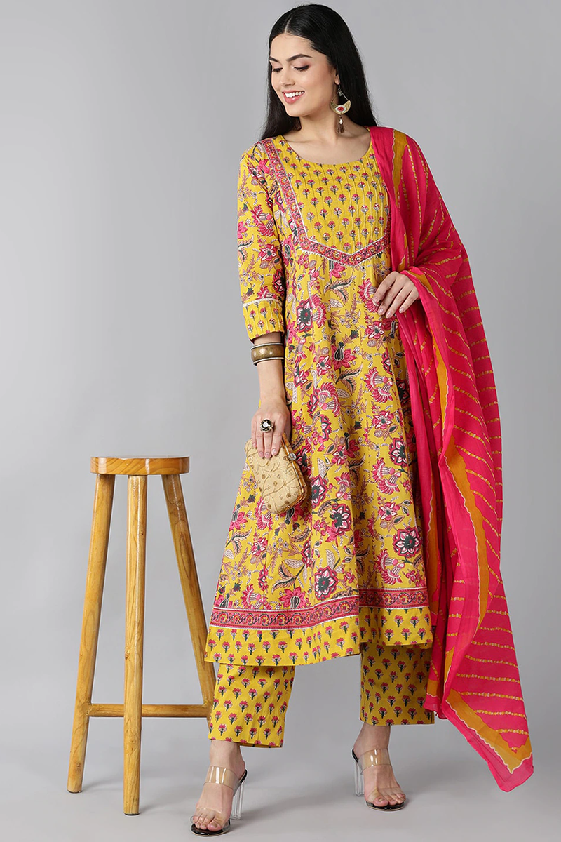  Women Yellow Ethnic Motifs Printed Regular Pure Cotton Kurta