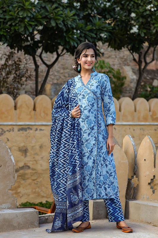 Blue Off-White Print Cotton Kurta with Trousers Dupatta – 